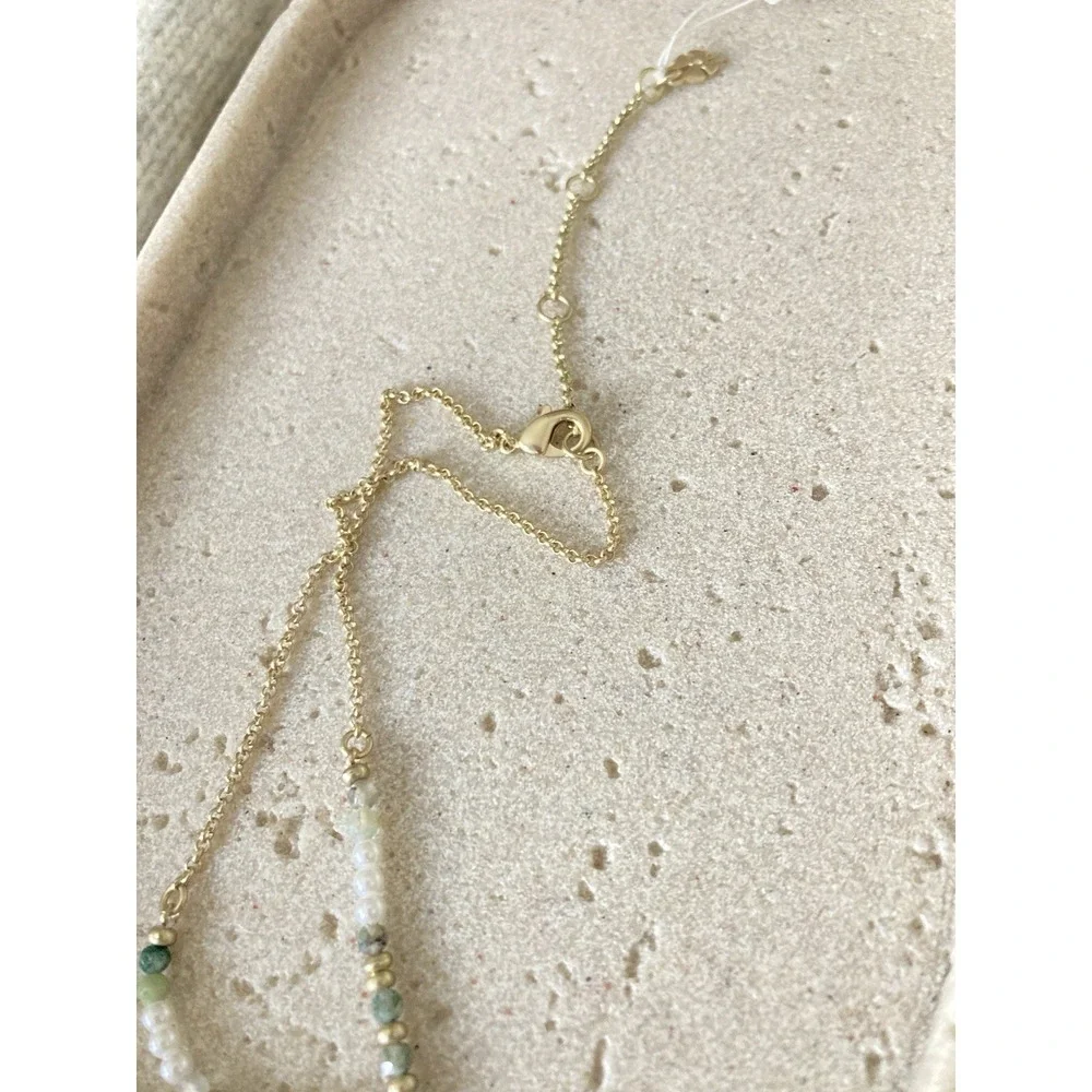 NEW Lucky Brand Gold Tone Heart Pendant Necklace Pearl Green Beaded Chain Dainty